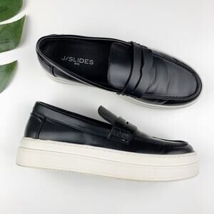 J/Slides NYC Platform Loafers Black Faux Leather Slip On Sneakers Women's 9